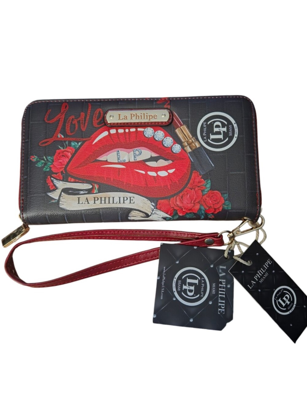 La Philipe - Red Lips Wristlet Wallet with Vibrant Embellished Bling Lips